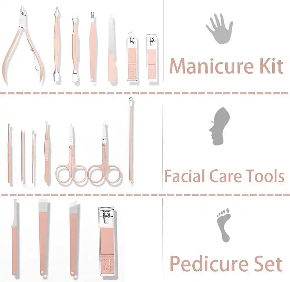 Set Manicure Kit Aseo Personal Profesional Estuche Viajero Color Rosado X18 Piezas