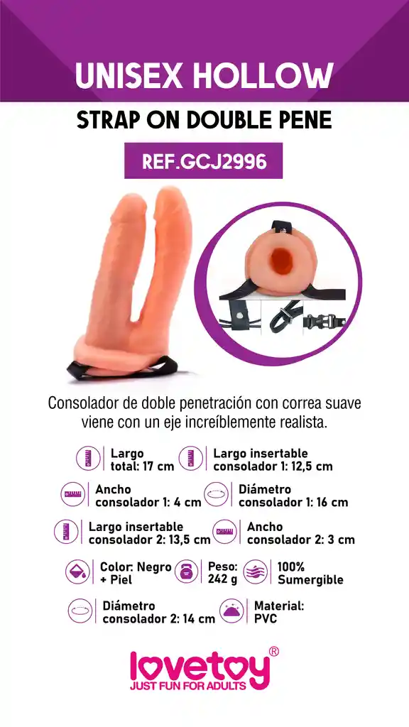 Arnes Hueco Unisex Hollow Dildo 15cms Doble Penetracion Lovetoy
