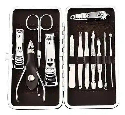 Set Manicure Kit Aseo Personal Profesional Estuche Viajero Color Café Diseños X12 Piezas