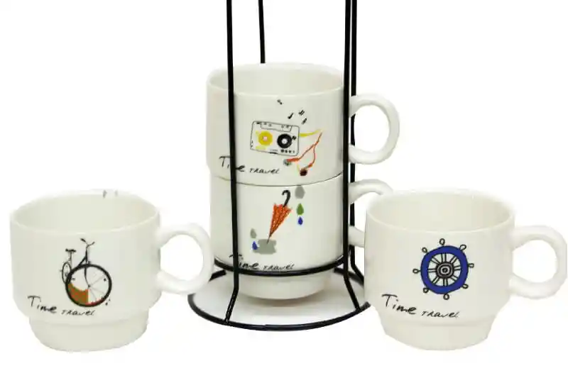 Torre De Pocillos Grande Mug Decorativos En Porcelana Diseños X4 Piezas
