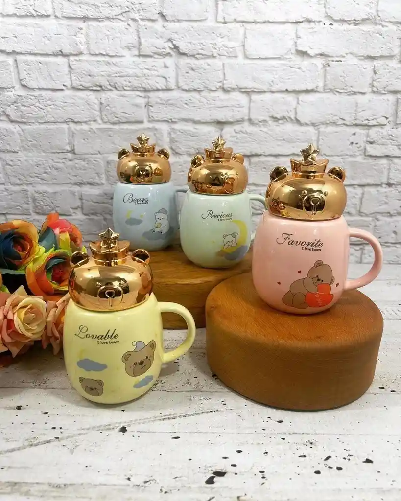 Mug Taza Coleccionable Osito Tapa Corona Kawaii Pocillo Cerámica Oso