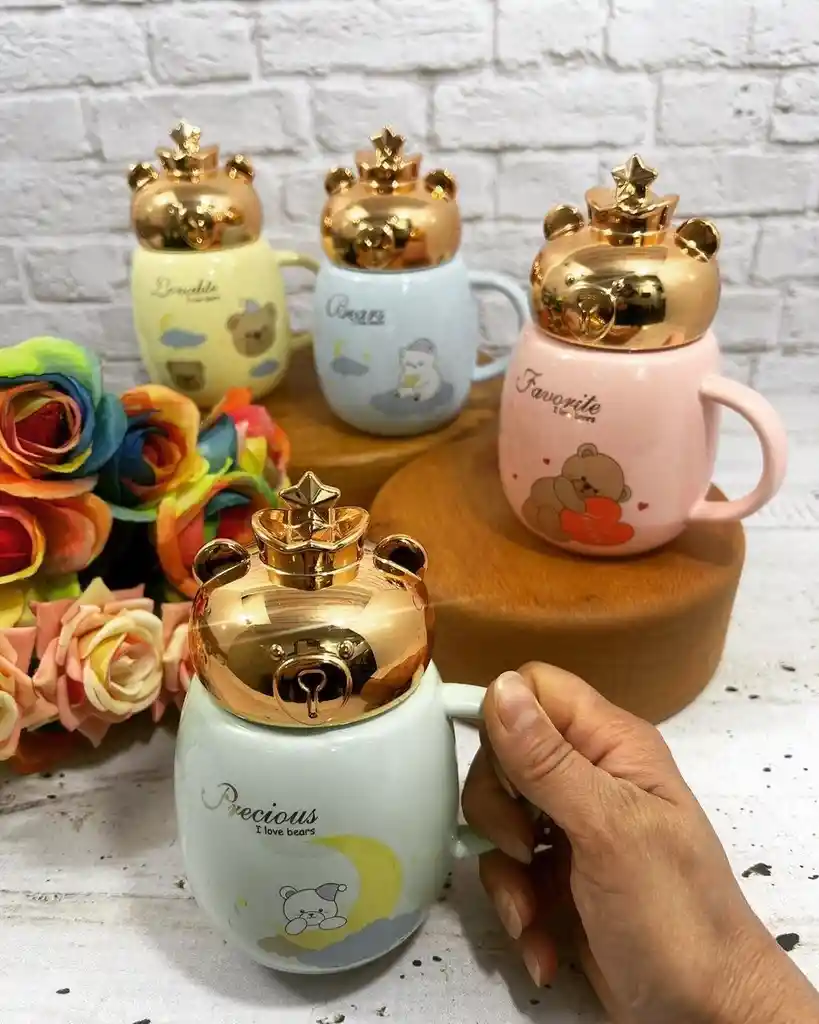 Mug Taza Coleccionable Osito Tapa Corona Kawaii Pocillo Cerámica Oso