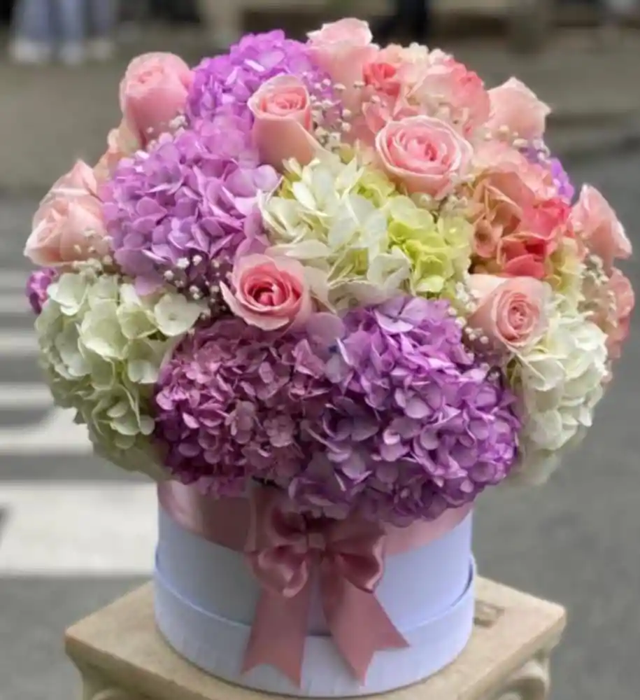Caja Redonda Con Hortensias