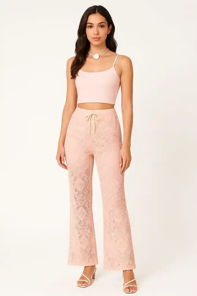 "luna Rosé" – Pantalón Palazzo Encaje Chic
