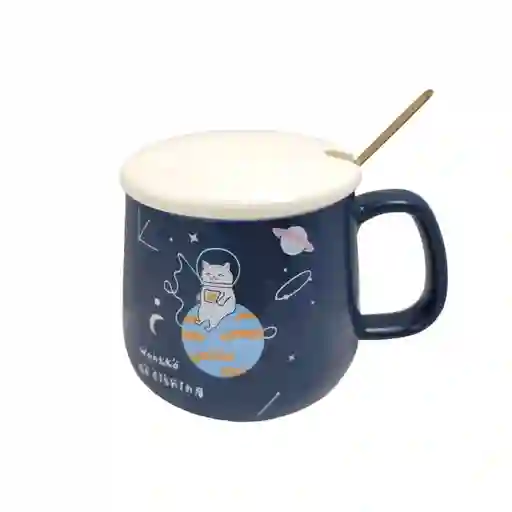 Mug Taza Coleccionable Gato Astronauta Cuchara Dorada Kawaii Pocillo Cerámica Gatito