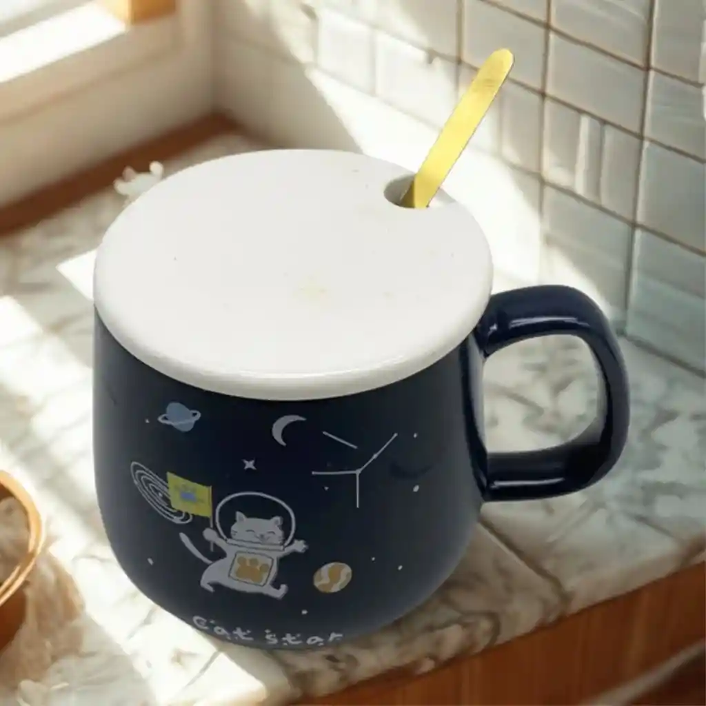Mug Taza Coleccionable Gato Astronauta Cuchara Dorada Kawaii Pocillo Cerámica Gatito