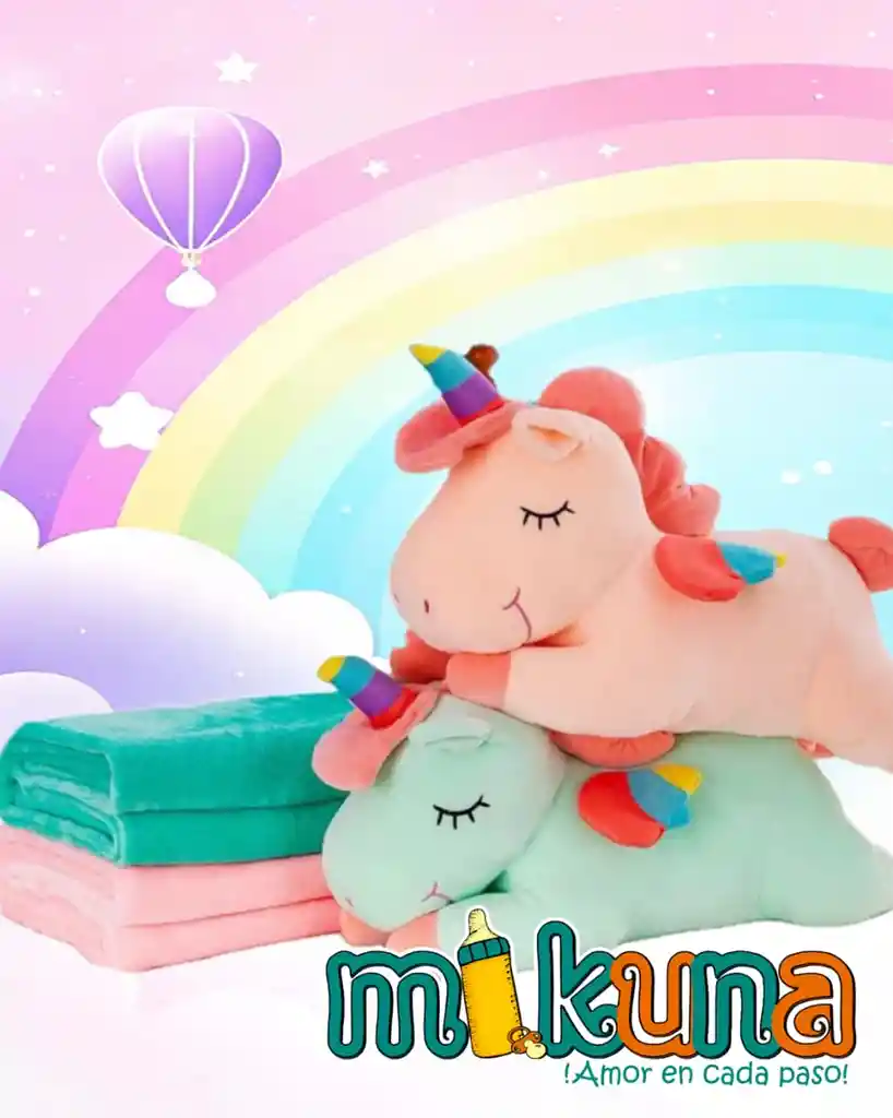 Peluche Con Cobija Unicornio Verde Agua O Salmon