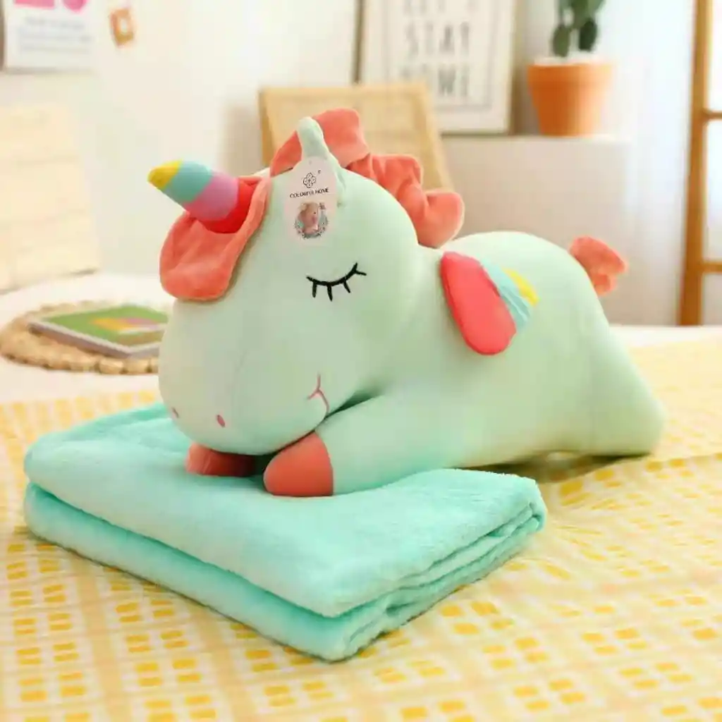 Peluche Con Cobija Unicornio Verde Agua O Salmon