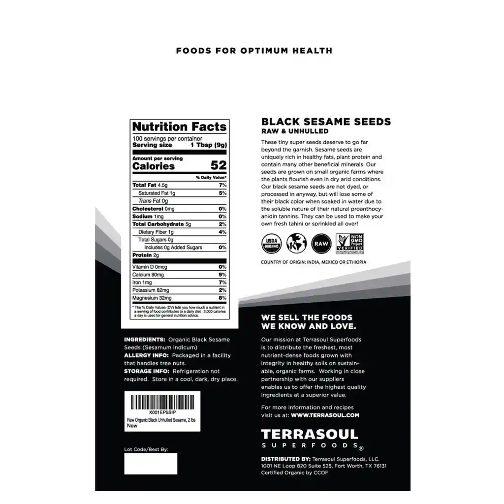 Terrasoul Superfoods Semillas De Sésamo Negro Orgánico Crudo | Black Sesame Seeds | Ricas En Calcio, Proteína Y Omega 6 – 2 Lbs (907 G)