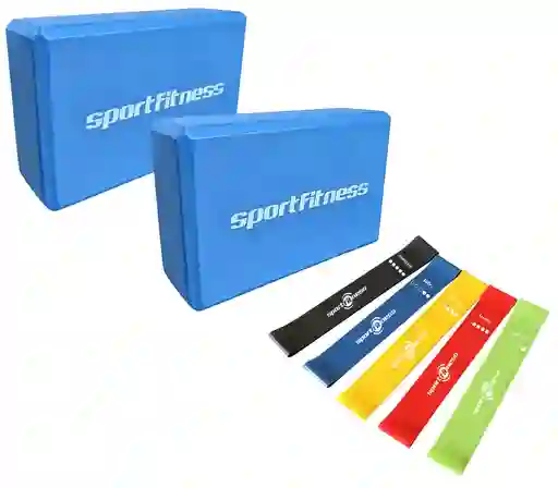 Cubo Yoga Bloque Azul + Kit 5 Banda Elástica Gym Pilates Fitness