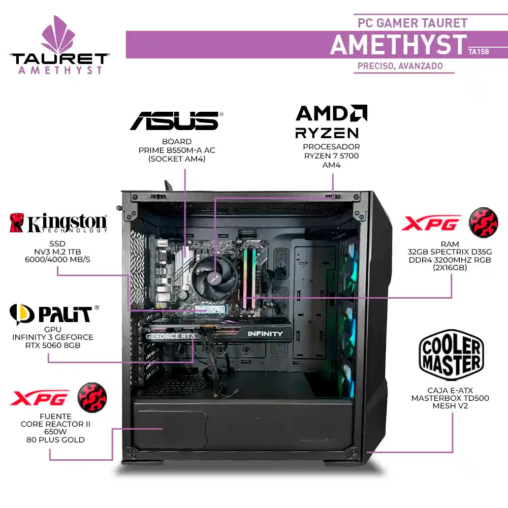 Pc Gamer Tauret Amethyst Ta158 Amd Ryzen 7 5700 Rtx 5060 8gb Ram 32gb M.2 1tb