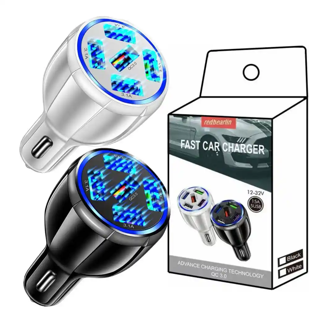 Cargador Carro 15a Rápidos 5 Puertos Usb Qc3.0