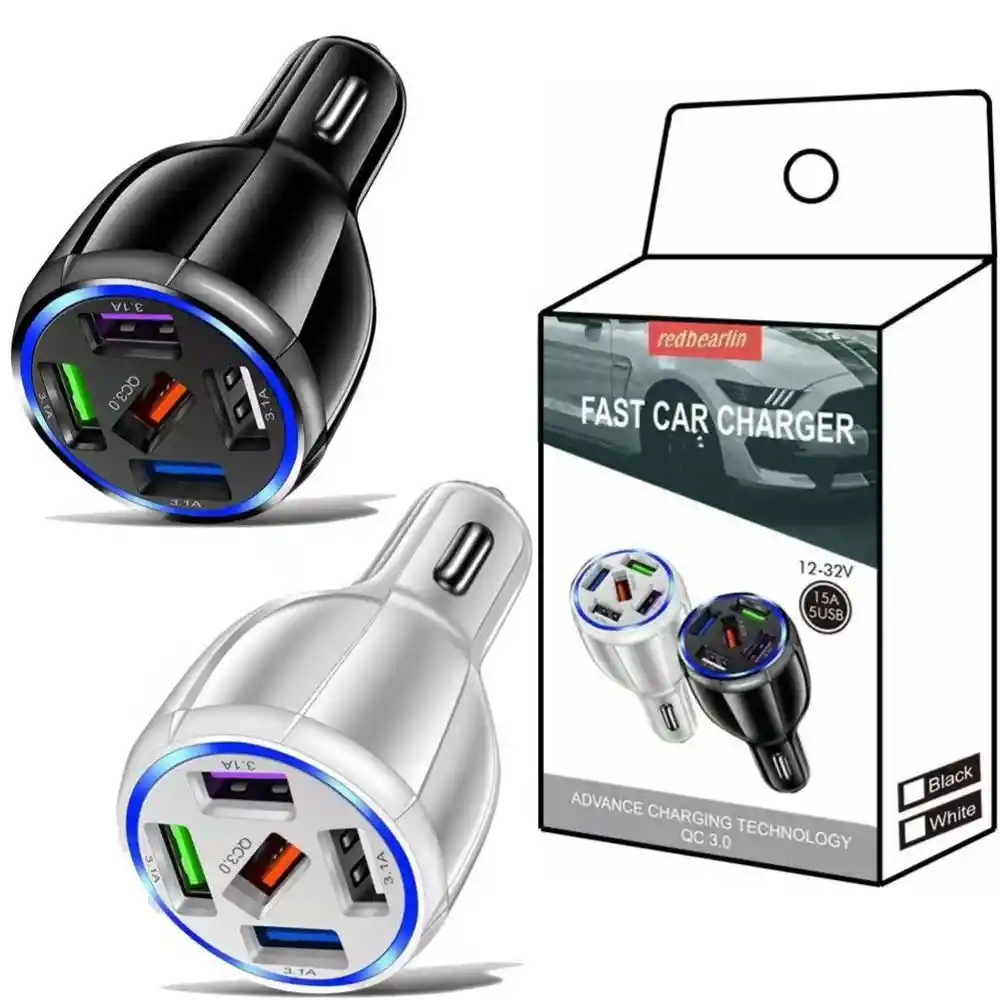Cargador Carro 15a Rápidos 5 Puertos Usb Qc3.0