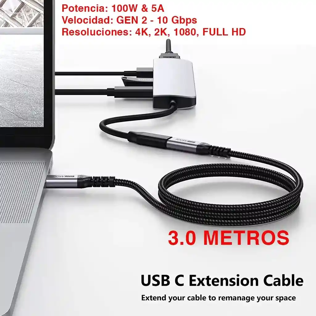 Cable Extension Usb Tipo C Macho Hembra 3m Carga Datos Video