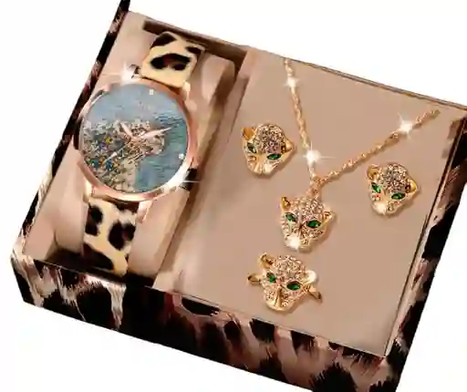 Set Reloj Para Mujer Dorado + Juego De Collar Aretes Am