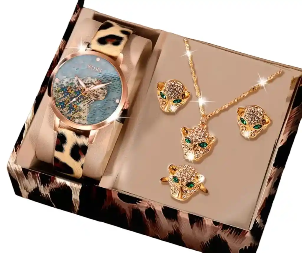 Set Reloj Para Mujer Dorado + Juego De Collar Aretes Am