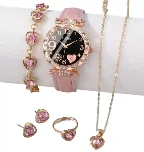 Kit Reloj Corazones Rosa Para Mujer + Juego De Collar Aretes