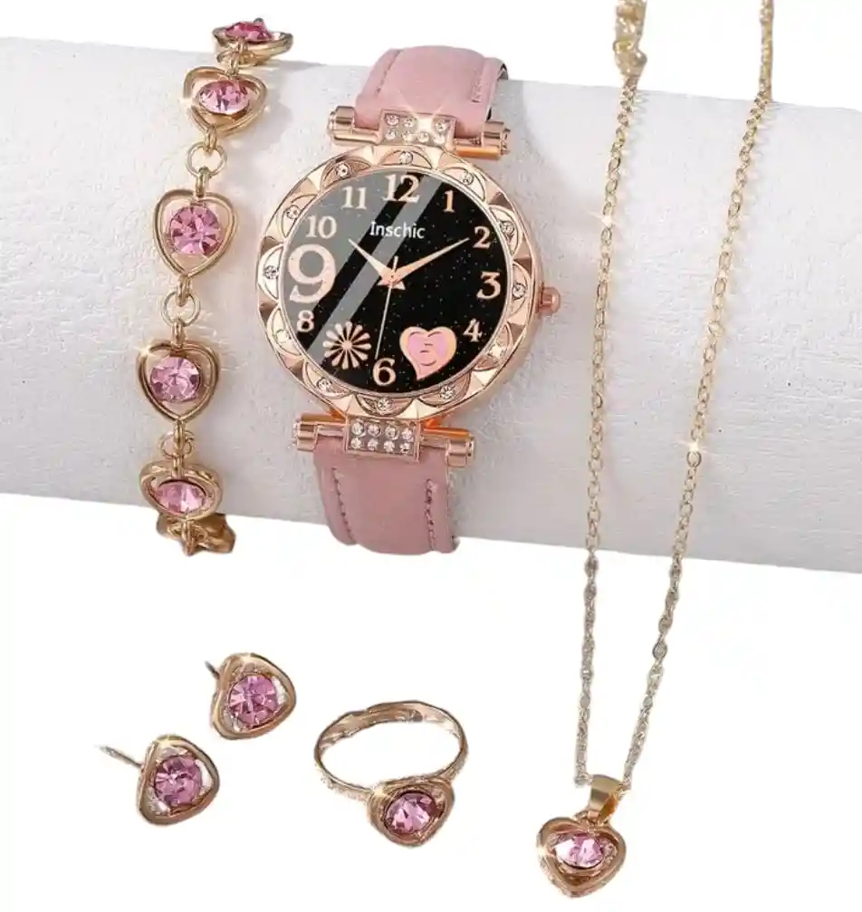 Kit Reloj Corazones Rosa Para Mujer + Juego De Collar Aretes