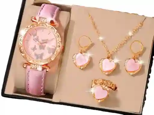 Set Reloj Para Mujer Corazones Rosa Con Collar Aretes Reloj