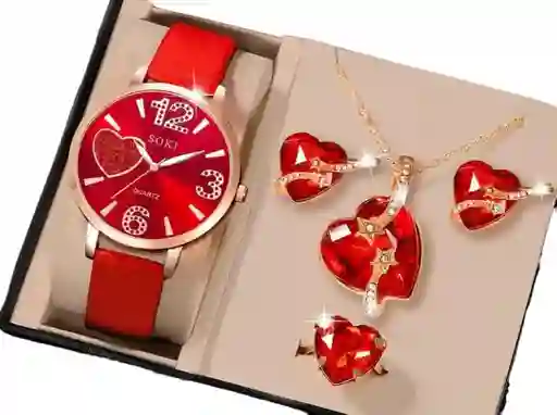 Kit Reloj Rojo Para Mujer + Juego De Collar Aretes Anillo