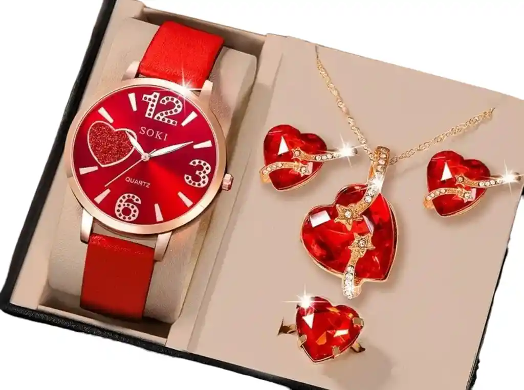 Kit Reloj Rojo Para Mujer + Juego De Collar Aretes Anillo