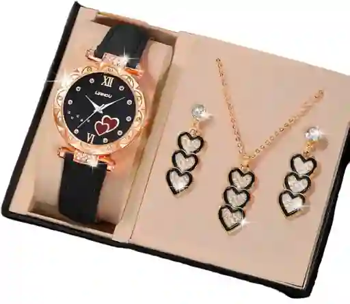 Kit Reloj Negro Para Mujer + Juego De Collar Aretes Cr