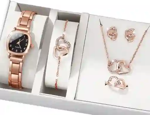 Kit Reloj Dorado Para Mujer + Juego De Collar Aretes