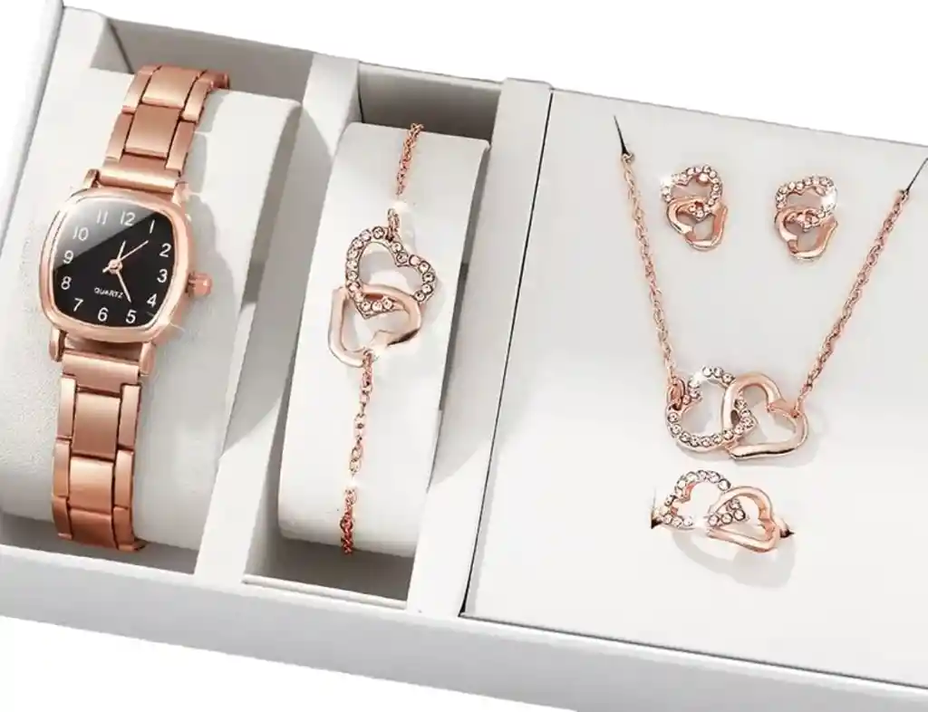 Kit Reloj Dorado Para Mujer + Juego De Collar Aretes