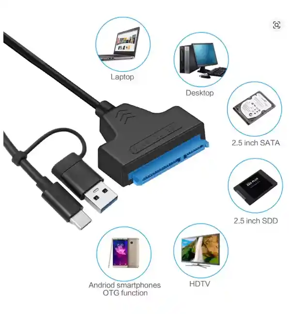 Cable Sata Usb Adaptador Tipo C Y 3.0 Doble Salida Disco Ssd Negro
