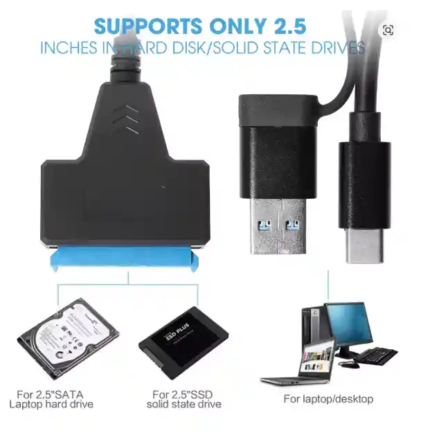 Cable Sata Usb Adaptador Tipo C Y 3.0 Doble Salida Disco Ssd Negro
