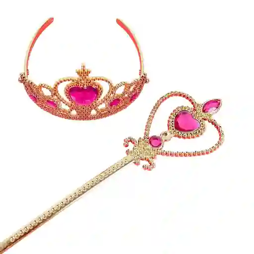 Set Princesa Corona Y Cetro Dorado Con Piedras En Colores Surtidos