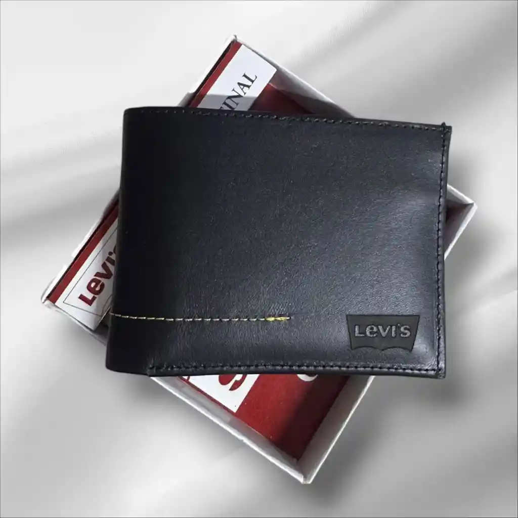 Billetera Hombre Levis Cuero Genuino De Alta Calidad Negro - Grabado
