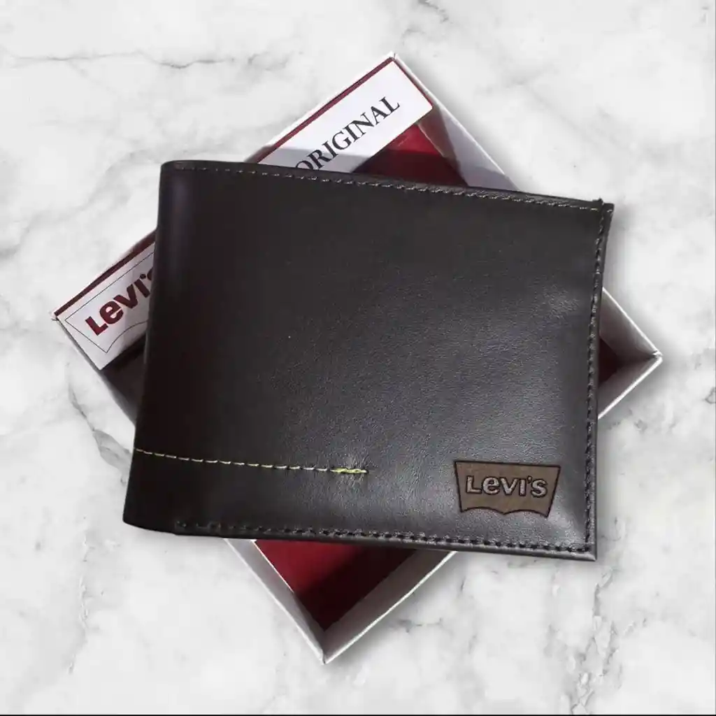 Billetera Hombre Levis Cuero Genuino De Alta Calidad Cafe - Grabado