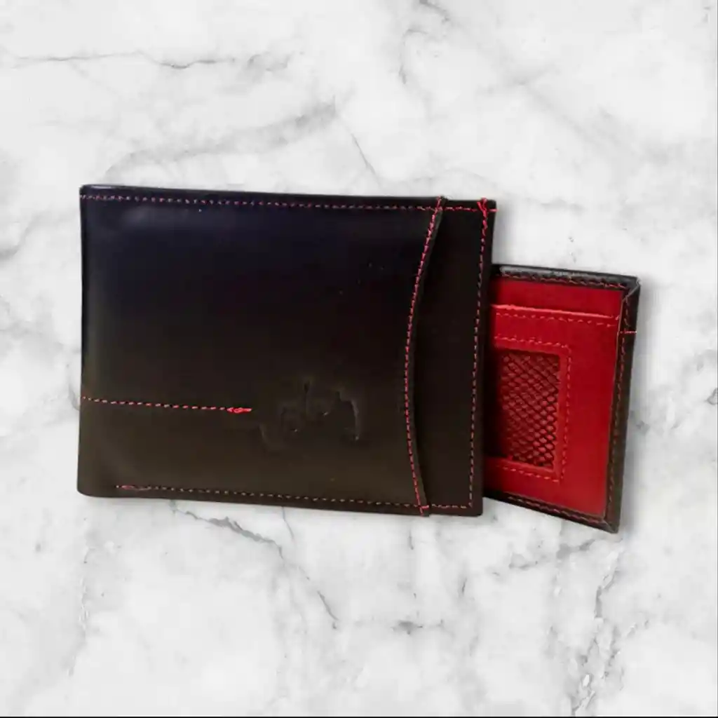 Billetera Hombre Velez Cuero Genuino De Alta Calidad Color Negra Con Rojo - Tarjetero Independiente - Grabado