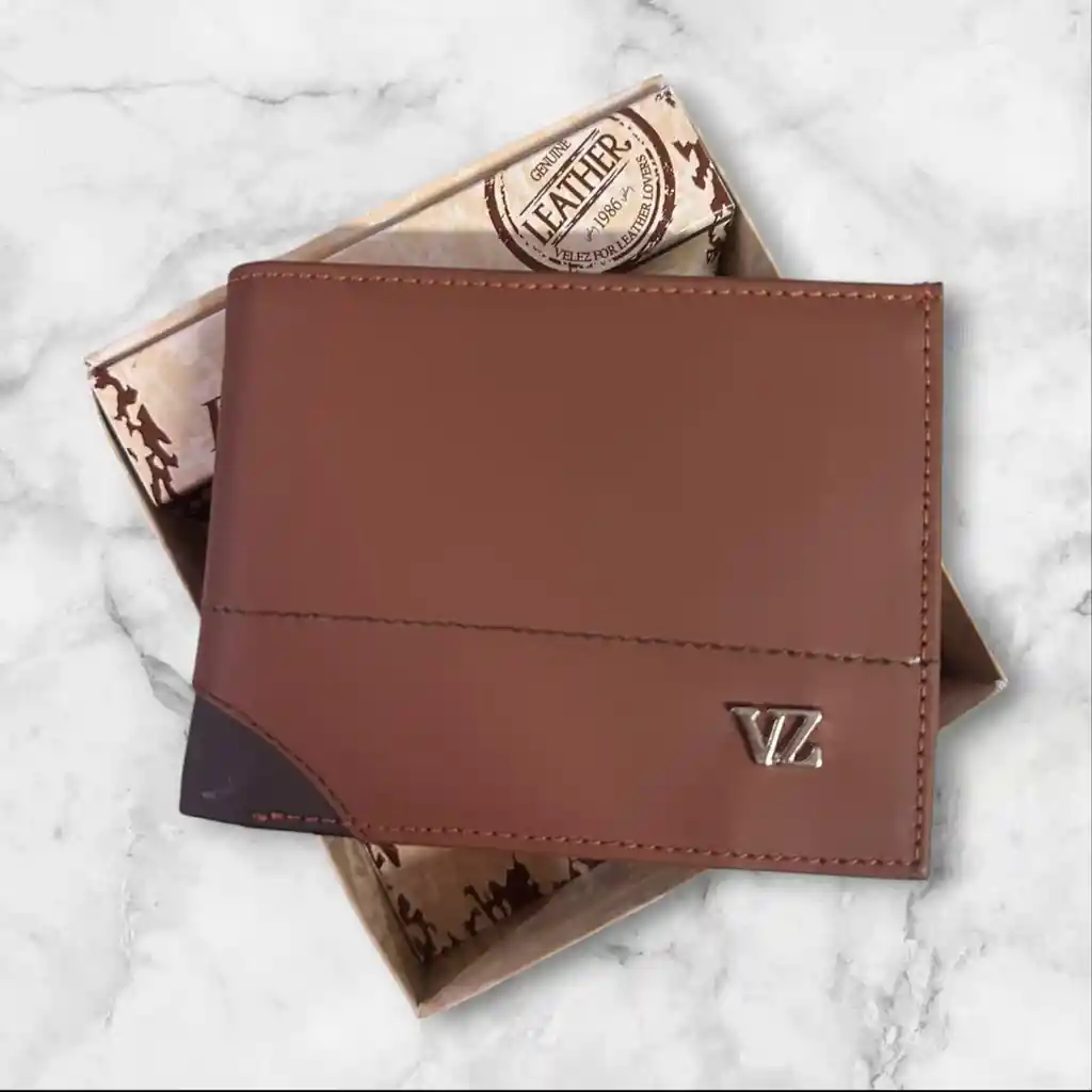 Billetera Hombre Velez Cuero Genuino De Alta Calidad Color Cafe Caramel - Grabado