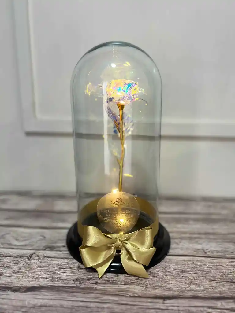 Rosa Tornasolada Con Luz En Urna De Cristal
