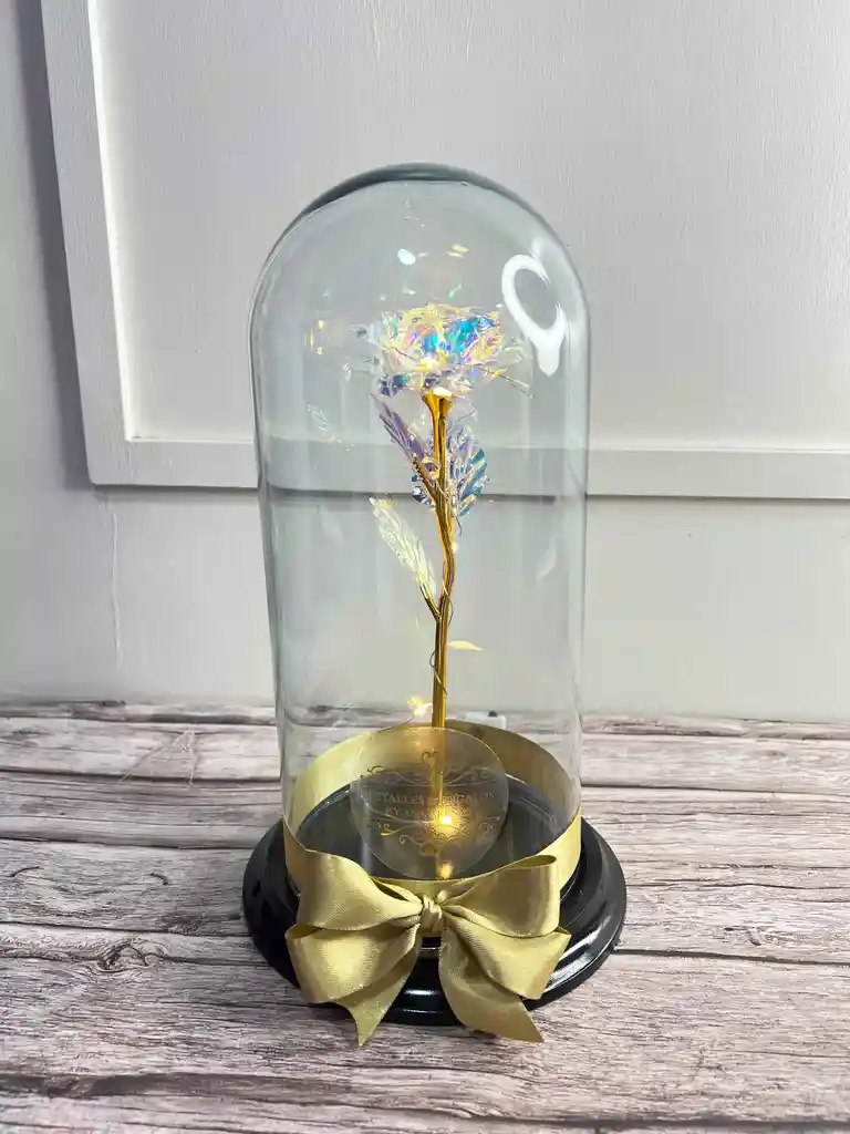 Rosa Tornasolada Con Luz En Urna De Cristal