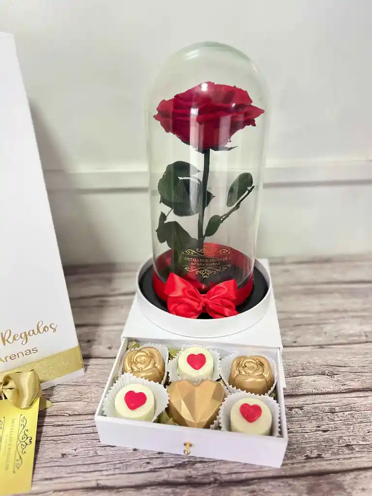 Caja Gaveta Con Rosa Preservada Premium En Urna De Cristal Y Chocolates Rellenos