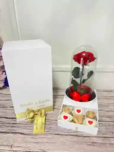 Caja Gaveta Con Rosa Preservada Premium En Urna De Cristal Y Chocolates Rellenos
