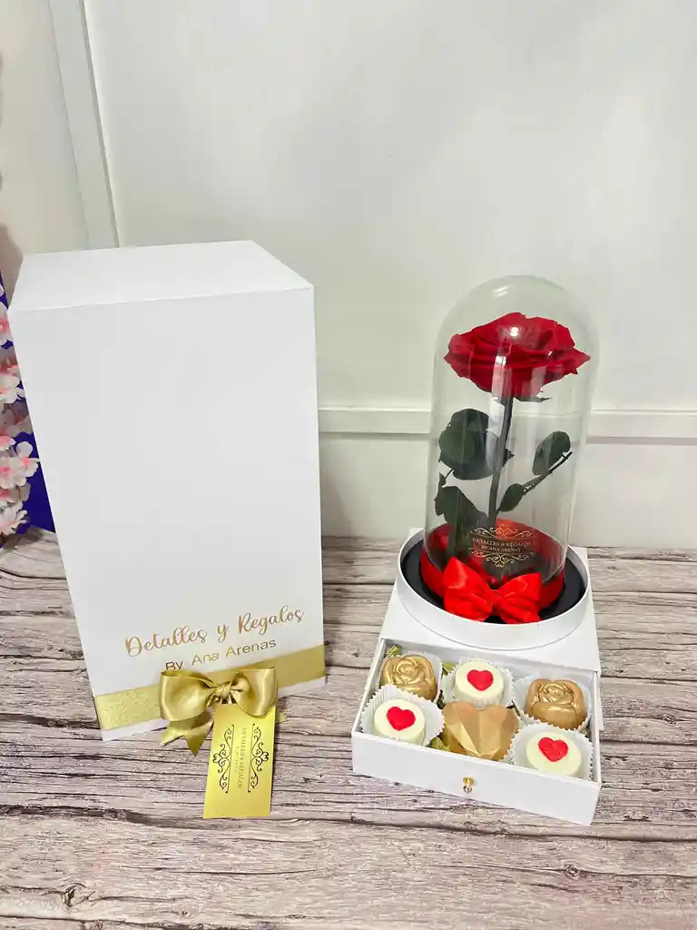 Caja Gaveta Con Rosa Preservada Premium En Urna De Cristal Y Chocolates Rellenos