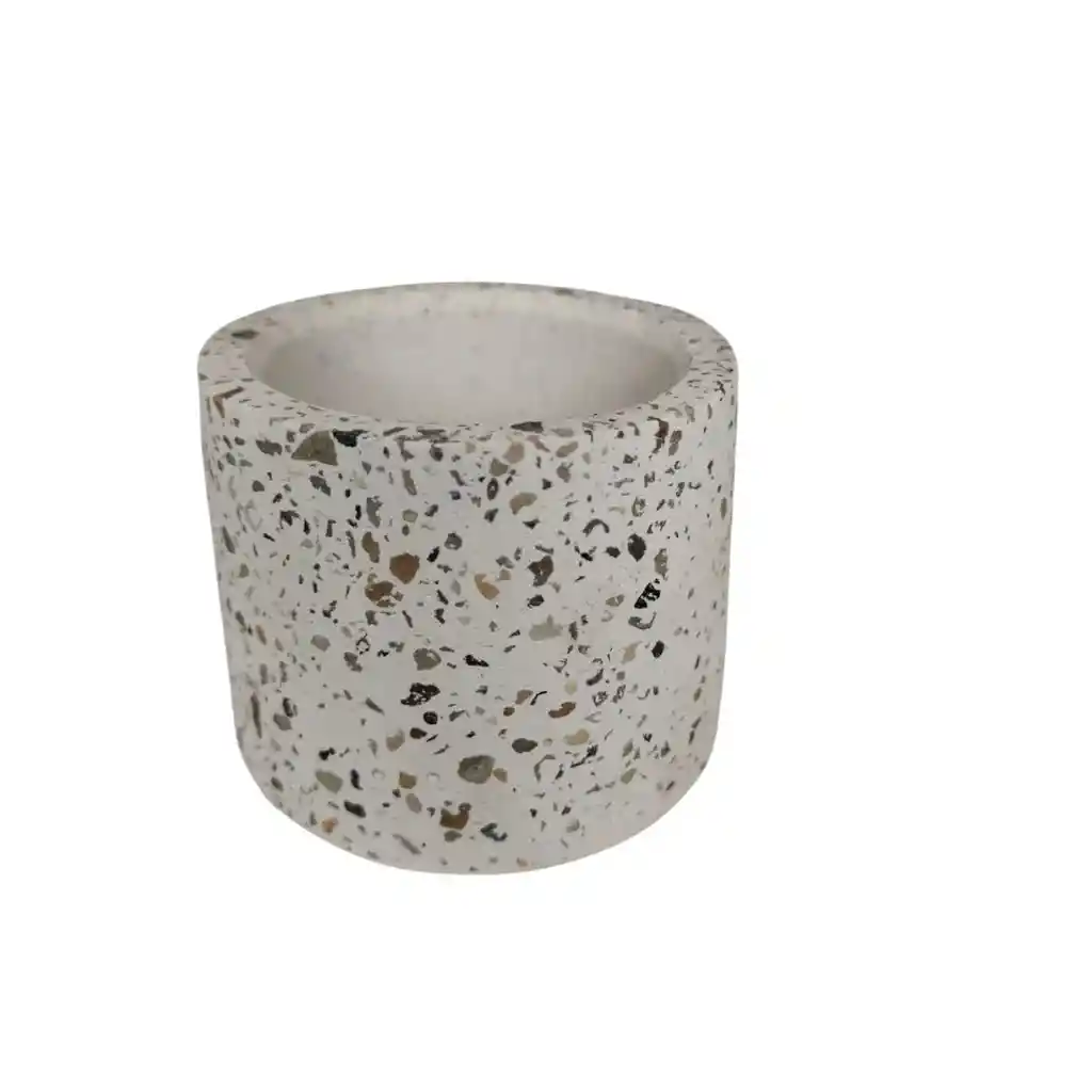 Maceta Circular En Cemento Blanco Y Granito Para Cactus Y Suculentas