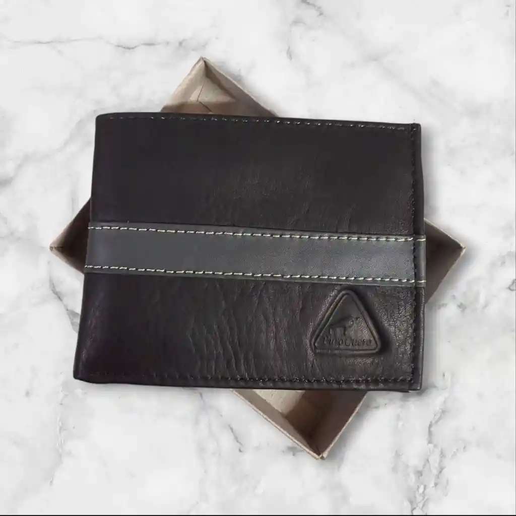 Billetera Cuero Negra Con Franja Gris Garantia Original