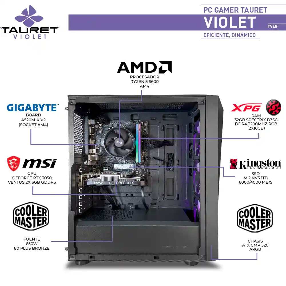 Pc Gamer Tauret Violet Tv48 Amd Ryzen 5 5600 Rtx 3050 6gb Ram 32gb M.2 1tb