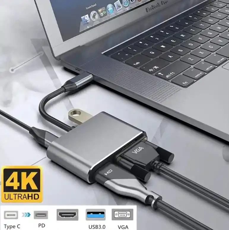Adaptador Tipo C 4 En 1 A Hdmi 4k, Vga, Usb 3.0, Usb C