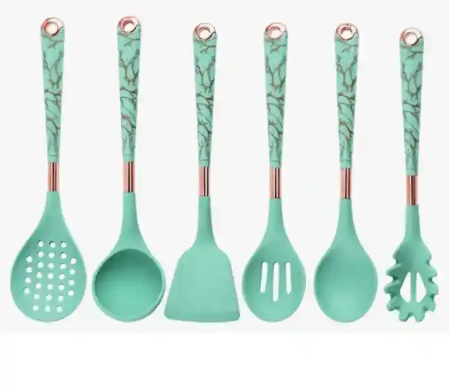 Set Utensilio Por 7 Piezas Color Verde Y Blanco Marmolizado