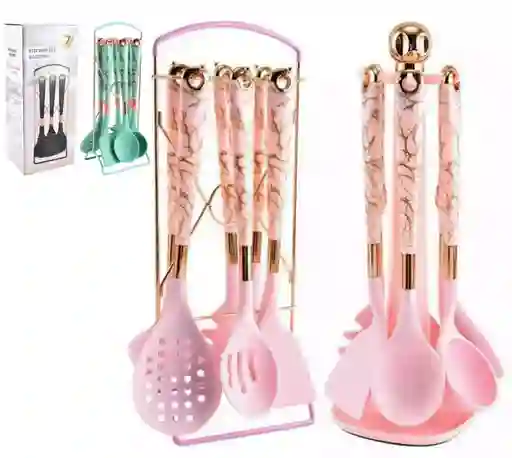 Set Utensilio Por 7 Piezas Color Verde Y Blanco Marmolizado