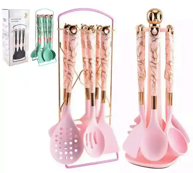 Set Utensilio Por 7 Piezas Color Verde Y Blanco Marmolizado