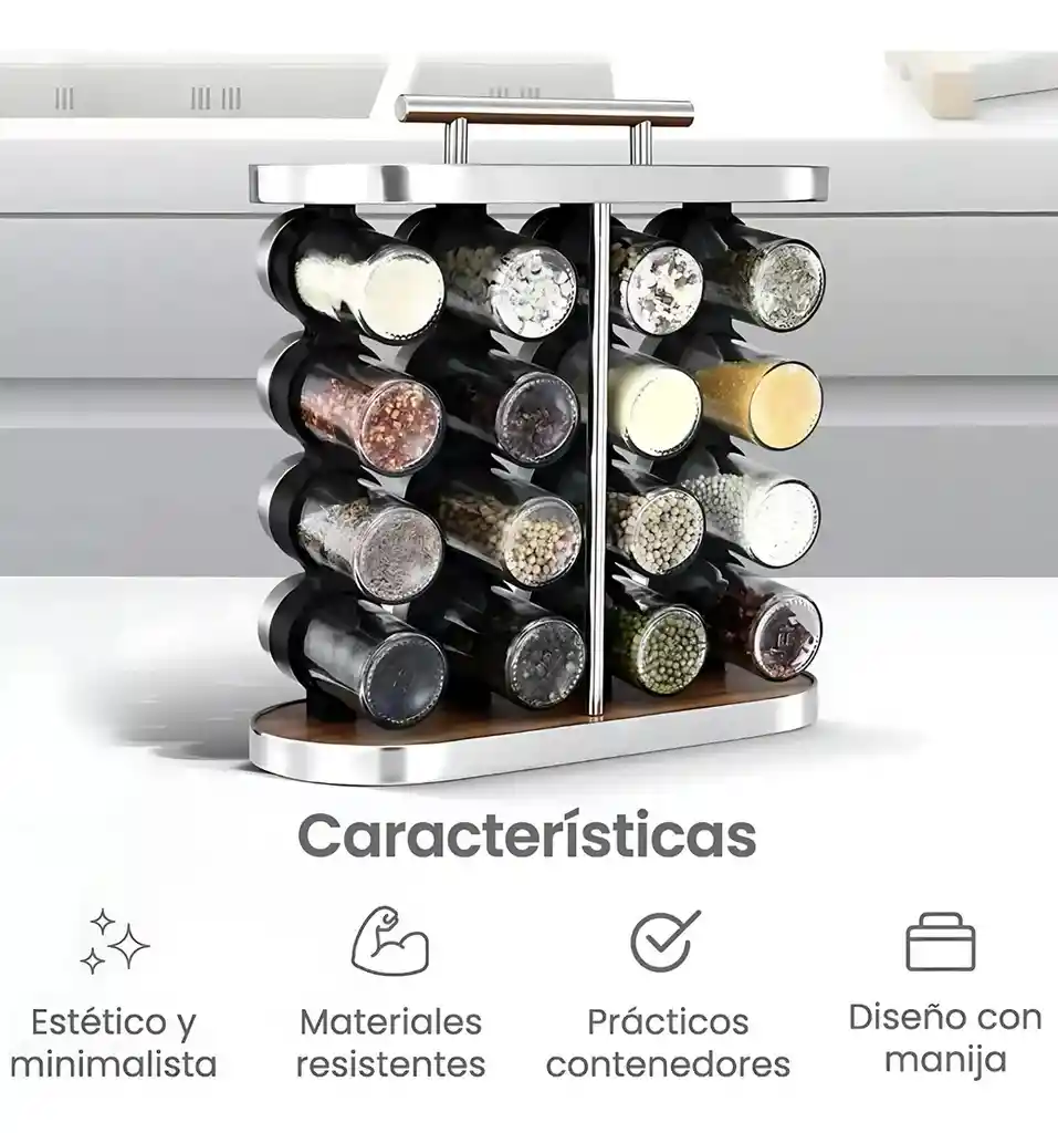 Set Especiero Condimentero En Vidrio Y Madera X16 Frascos