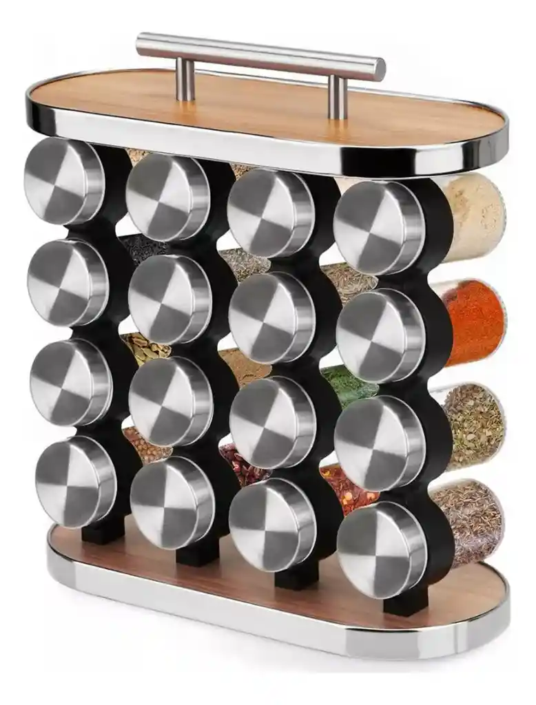 Set Especiero Condimentero En Vidrio Y Madera X16 Frascos