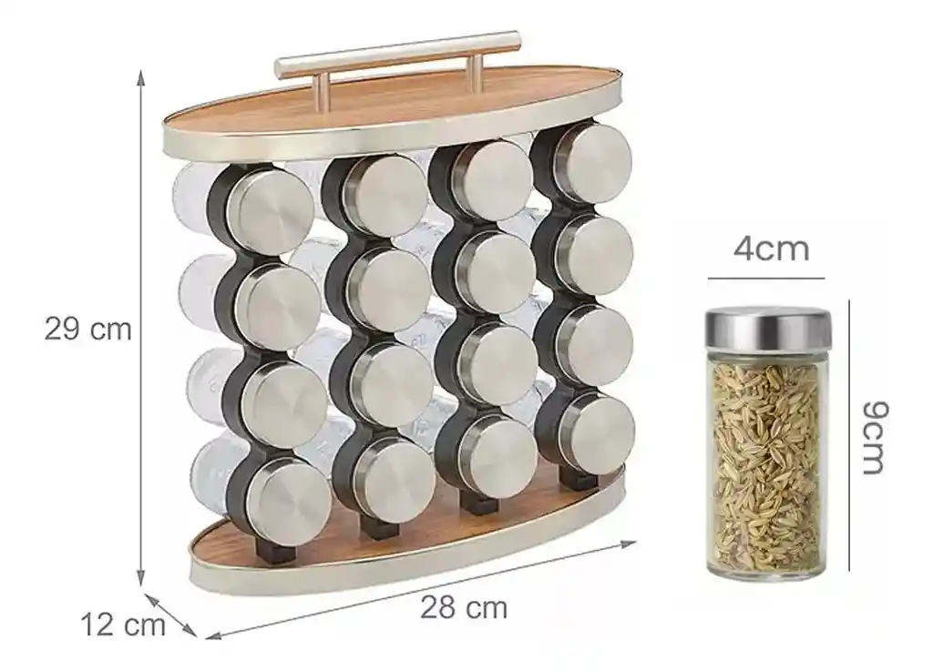 Set Especiero Condimentero En Vidrio Y Madera X16 Frascos